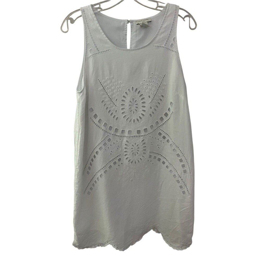 Saint Tropez West White Linen Blend Eyelet Mini Dress Sleeveless Boho Coastal 8